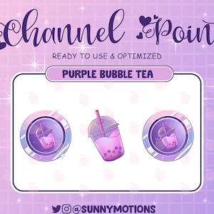 May include: Purple bubble tea channel point overlay featuring three variations of a purple bubble tea drink with tapioca pearls in a clear cup with a straw. The overlay is set against a pink and white background with stars and hearts.