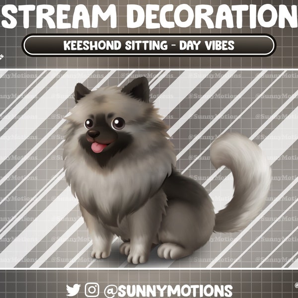 Peluche douce animal avec décoration de ruisseau : chien Keeshond brun noir esthétique, chiot Day Vibes Vtuber, superposition de Twitch Kawaii