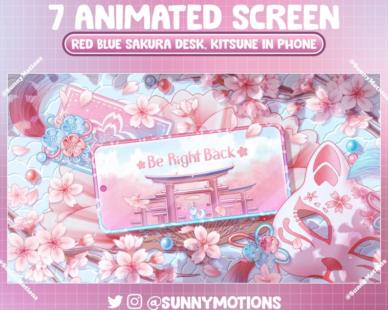 Puede incluir: Una pantalla de tel&eacute;fono animada rosa y azul con una m&aacute;scara de kitsune, flores de cerezo y un templo japon&eacute;s. El texto en la pantalla dice "Be Right Back".