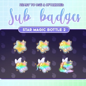 Pode incluir: Um conjunto de seis emblemas de inscrição do Twitch animados que apresentam uma garrafa em forma de estrela com um líquido arco-íris e uma estrela brilhante no topo. Os emblemas estão em diferentes estágios de animação, com a garrafa brilhando, uma fada voando ao redor e o líquido derramando. O texto "STAR MAGIC BOTTLE 2" está na parte superior da imagem.