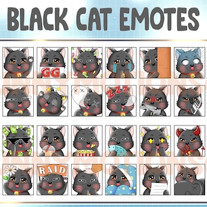 34 Twitch Discord Emotes Cute Black Cat / Kawai Chibi Kitty Emoji / Kitten Sub Bit Badges / Streamer P2U Premade Pack / Pet Bundle For Mixer