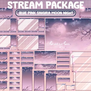 Animated Twitch Stream Package Overlay / Baby Blue Pink Celestial Cloud Moon / Dreamy Aesthetic Sakura Sky Midnight / Cherry Blossom Falling