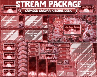 ANIMATED Stream Package: Aesthetic Lo-fi Crimson Sakura Desk, Cherry Blossom Game Switch Console, Red Blood Kitsune, Japanese Folding Fans