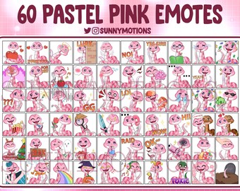 60x lindo paquete de gestos de Twitch de serpiente rosa pastel, paquete de emojis de chat de animales de serpiente rosada Kawai, insignias de suscriptor para discordia, streamer, OBS