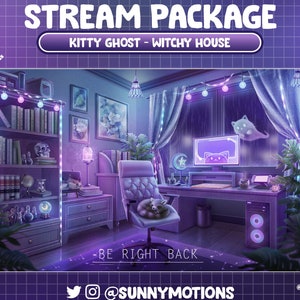 May include: A purple and blue themed Twitch stream package with a witchy house theme. The image shows a computer monitor with a cartoon cat, a desk with a chair, a bookshelf, and a cat sitting in the chair. The text "Kitty Ghost - Witchy House" is at the top of the image. The text "BE RIGHT BACK" is at the bottom of the image. The text "@SUNNYMOTIONS" is at the bottom of the image.