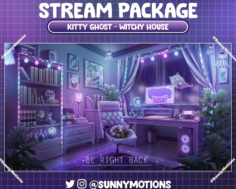 May include: A purple and blue themed Twitch stream package with a witchy house theme. The image shows a computer monitor with a cartoon cat, a desk with a chair, a bookshelf, and a cat sitting in the chair. The text "Kitty Ghost - Witchy House" is at the top of the image. The text "BE RIGHT BACK" is at the bottom of the image. The text "@SUNNYMOTIONS" is at the bottom of the image.