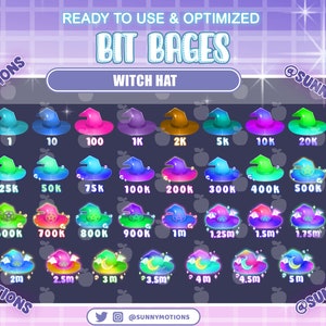 May include: A set of 20 colorful witch hat bit badges, each with a different number of bits, ranging from 1 to 5 million. The badges are designed for Twitch streamers and feature a variety of colors and designs.