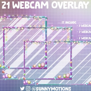 May include: 21 webcam overlays with a pastel rainbow color scheme. The overlays feature a glowing light string border with colorful Easter eggs scattered around the frame. The text "IT INCLUDE:" is listed with the number of overlays for each size: 7 webcam 16x9, 7 webcam 4x3, and 7 webcam 1x1. The text "@SUNNYMOTIONS" is at the bottom of the image.