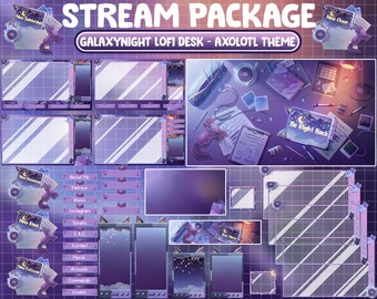 Animated Stream Package: Dreamy Galaxy Lo-fi Study Desk Night Twitch Overlay, Pink Axolotl Plush Toy, Calico Cat Moonlit Tablet Starry Night