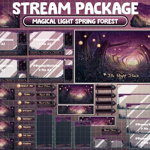 Può includere: Un pacchetto di streaming Twitch con un tema di foresta primaverile magica e luminosa. Il pacchetto include una varietà di sovrapposizioni, pannelli e avvisi. Le sovrapposizioni presentano una gamma di colori viola e rosa con luci brillanti e un sentiero che conduce attraverso una foresta. I pannelli includono sezioni per informazioni su di me, regole, opere d'arte, contatto, donazioni e crediti. Gli avvisi includono un avviso di ritorno e un avviso di nuova donazione.