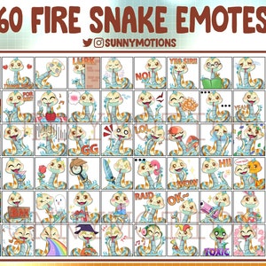 Puede incluir: Un conjunto de 60 emoticonos de Fire Snake, cada uno con una serpiente de dibujos animados en azul y naranja. Los emoticonos muestran diversas expresiones y acciones, con texto como "LURK", "NO!" y "OK~". El texto "60 FIRE SNAKE EMOTES" está en la parte superior.