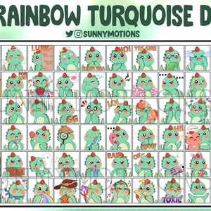 60 Cute Chibi Rainbow Turquoise Dinosaur Twitch Emotes, Discord, Streamer, Kawai Dino Emoji, Subscriber Loyalty Badges, Monster Dragon T-rex