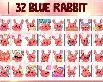 32 süße rote Kaninchen-Twitch-Discord-Emotes / Kawai-Tier-Emoji / Abonnent / Treue-Sub-Bit-Abzeichen / Oster-Kanalpunkte / Pastellhase