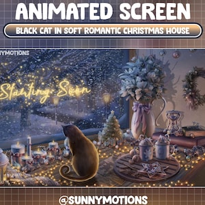 Animated Aesthetic Black Cat In Xmas Room Twitch Screen Overlay, Holiday Winter Forest Woodland, Snow Coffee Stream Scene Vtuber Background