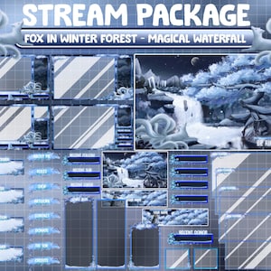 ANIMATED Twitch Stream Overlay Package / Magical Waterfall In Blue Sakura Cherry Blossom / Aesthetic Spirit Nine Tailed Fox Winter Forest