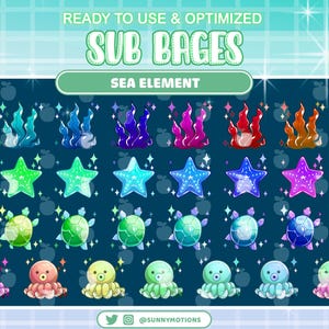31 Pastel Colorful Coral, Turtle, Octopus Complete Twitch Tier Sub Badges Set, Kawaii Jellyfish Bit Ocean Sea Sub Streamers Discord Roles