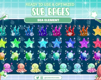 Op de afbeelding: Een set van 24 kleurrijke geanimeerde sub-badges met een zeethema, met zeedieren, sterren en zeewier. De badges zijn klaar voor gebruik en geoptimaliseerd voor Twitch en YouTube.