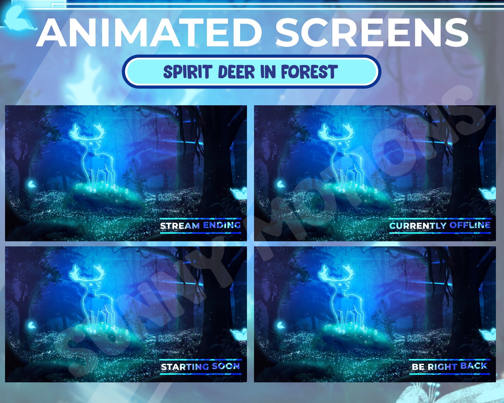 4x ANIMATED Twitch Spirit Deer In Forest Stream Screen / Moon Light Forest Twitch Design / Streamer Graphics / Streamer / Fireflies