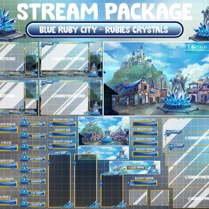 Puede incluir: Un paquete de transmisión de Twitch azul y dorado con un tema de ciudad de fantasía. El paquete incluye una variedad de superposiciones, paneles y alertas. La ciudad está hecha de edificios azules y blancos con un gran cristal azul en el centro. El texto "STREAM PACKAGE" y "BLUE RUBY CITY - RUBIES CRYSTALS" está en la parte superior de la imagen.