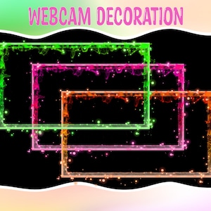 May include: Three glowing neon frames in green, pink, and orange on a black background. The frames are layered on top of each other, with the green frame being the largest and the orange frame being the smallest. The frames are decorated with sparkling lights.