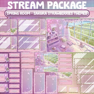 ANIMATED Twitch Overlay Stream Package: Lo-fi Desk In Sakura House / Cherry Blossom With Strawberries Garden / Soft Morning / Rabbit / Bunny
