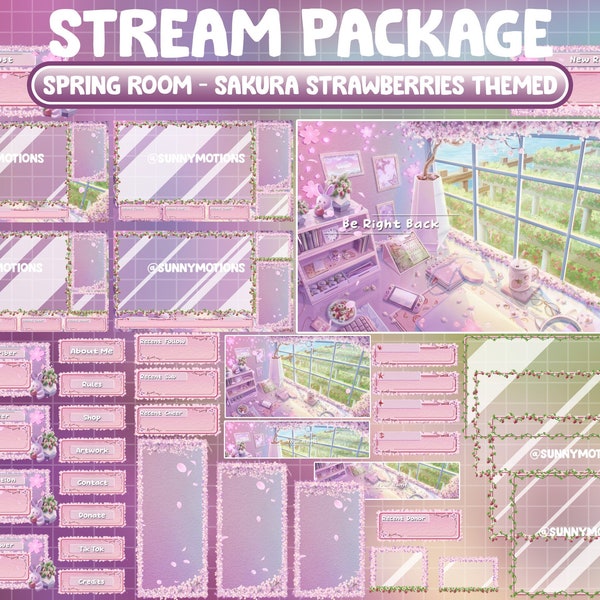 ANIMATED Twitch Overlay Stream Package: Lo-fi Desk In Sakura House / Cherry Blossom With Strawberries Garden / Soft Morning / Rabbit / Bunny