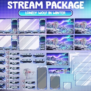 PEŁNY ANIMOWANY pakiet transmisji na Twitchu / Zimowy wilk w Glowing Spirit Lake / Święta Bożego Narodzenia / Arktyczny wilk / Śnieżna góra / Zorza polarna