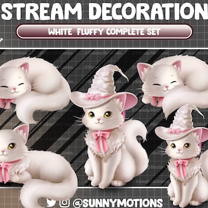 Puede incluir: Conjunto de cuatro ilustraciones de gatos blancos y esponjosos con lazos y sombreros rosas. Los gatos están en diferentes poses, incluyendo durmiendo, sentados y de pie. El texto "STREAM DECORATION WHITE FLUFFY COMPLETE SET" está en la parte superior de la imagen.