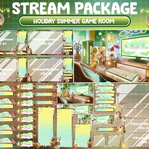 ANIMOWANY pakiet nakładek Twitch do strumieniowania: Lo-fi Estetyczny Retro Letni Sezon Świąteczny Pokój Gier/Plaża, Słońce, Drzewo Kokosowe, Piłka, Flaming, Statek
