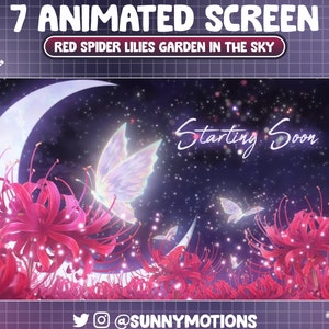 Animated Red Spider Lily Garden The Sky Twitch Screen Overlay, Starry Night, Crescent Moon, Magical Butterfly Stream Scene Vtuber Background