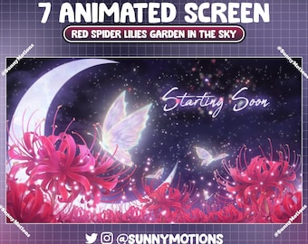 Jardín de lirio de araña roja animado Superposición de pantalla de Twitch del cielo, noche estrellada, luna creciente, fondo de Vtuber de escena de corriente de mariposa mágica
