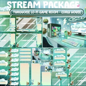 ANIMATED Twitch Overlay Stream Package / Lo-fi Aesthetic Turquoise Game Room / Retro Plant House / Tan Black Cardigan Welsh Corgi Dog Themed