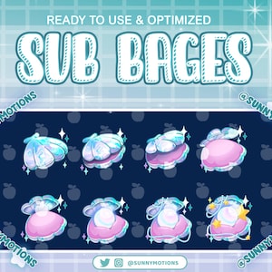 Puede incluir: Ocho insignias de suscripción digitales animadas que muestran una perla dentro de una concha de almeja. Las conchas de almeja están decoradas con una perla, estrellas y una cadena de perlas. Las insignias están sobre un fondo azul oscuro con un borde blanco.