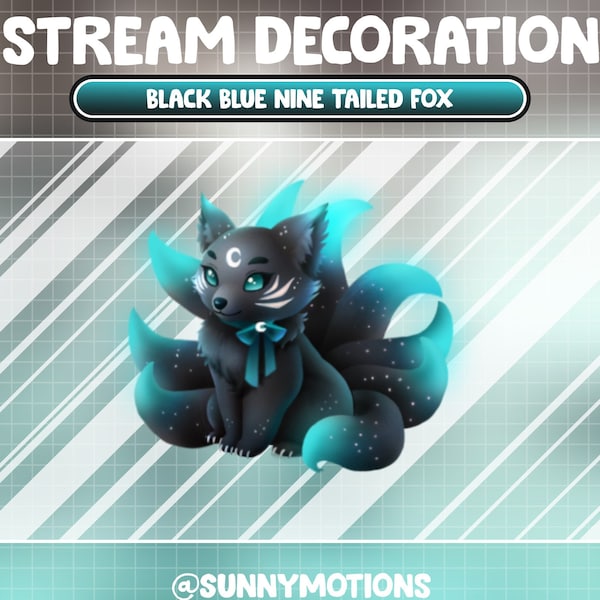 Animated Stream Decoration Animal Soft Plushy Toy: Aesthetic Black Ice Blue Nine Tailed Fox /Japan Darkness Fox Add-on Kawaii Twitch Overlay