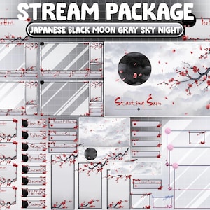 May include: A set of Twitch stream overlays with a Japanese theme. The overlays feature a black moon, gray sky, and cherry blossoms. The overlays include a starting soon screen, a chat box, a donation screen, and more.