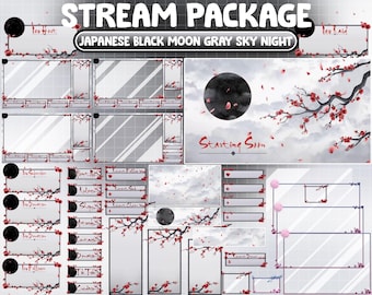 Full Animated Twitch Stream Package Overlay: Dark Black Celestial Halloween Moon, Gray Sky Night, Spooky, Red Sakura Falling, Cherry Blossom