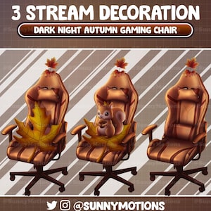 Könnte beinhalten: Drei braune Gaming-Stühle mit Herbstdekoration. Jeder Stuhl hat ein braunes und beigefarbenes Streifenmuster, eine braune Kopfstütze und eine braune Basis mit fünf Rädern. Die Stühle sind mit einem großen braunen Blatt, einem kleinen Eichhörnchen und einer kleinen Eichel verziert.