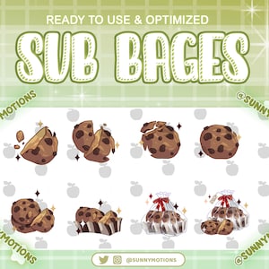 May include: A set of eight animated Twitch sub badges featuring a chocolate chip cookie in various states of being eaten. The badges are designed in a cartoon style and feature a red ribbon and a bag of cookies. The text "SUB BAGES" is displayed at the top of the image. The text "@SUNNYMOTIONS" is displayed on the left and right sides of the image.