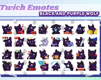 32 Cute Chibi Kawaii Dark Purple Black Wolf Blue Eyes Twitch Discord Emotes, Forest Animal Stream Emoji,  Subscriber Loyalty Sub Bit Badges