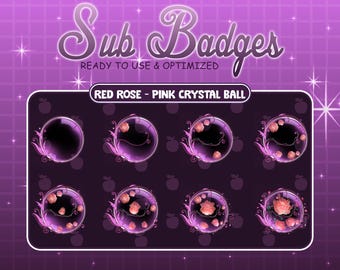 8 badges secondaires Twitch boule de cristal rose magenta, fleur mignonne, superposition de flux Rosie rose pourpre, badge secondaire fidélité pour mixeur Twitch Discord