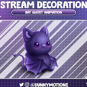 May include: Purple animated bat ghost with large eyes and a small mouth. The bat is sitting on a purple and white striped background with a grid pattern. The text "BAT GHOST ANIMATION" is at the top of the image.