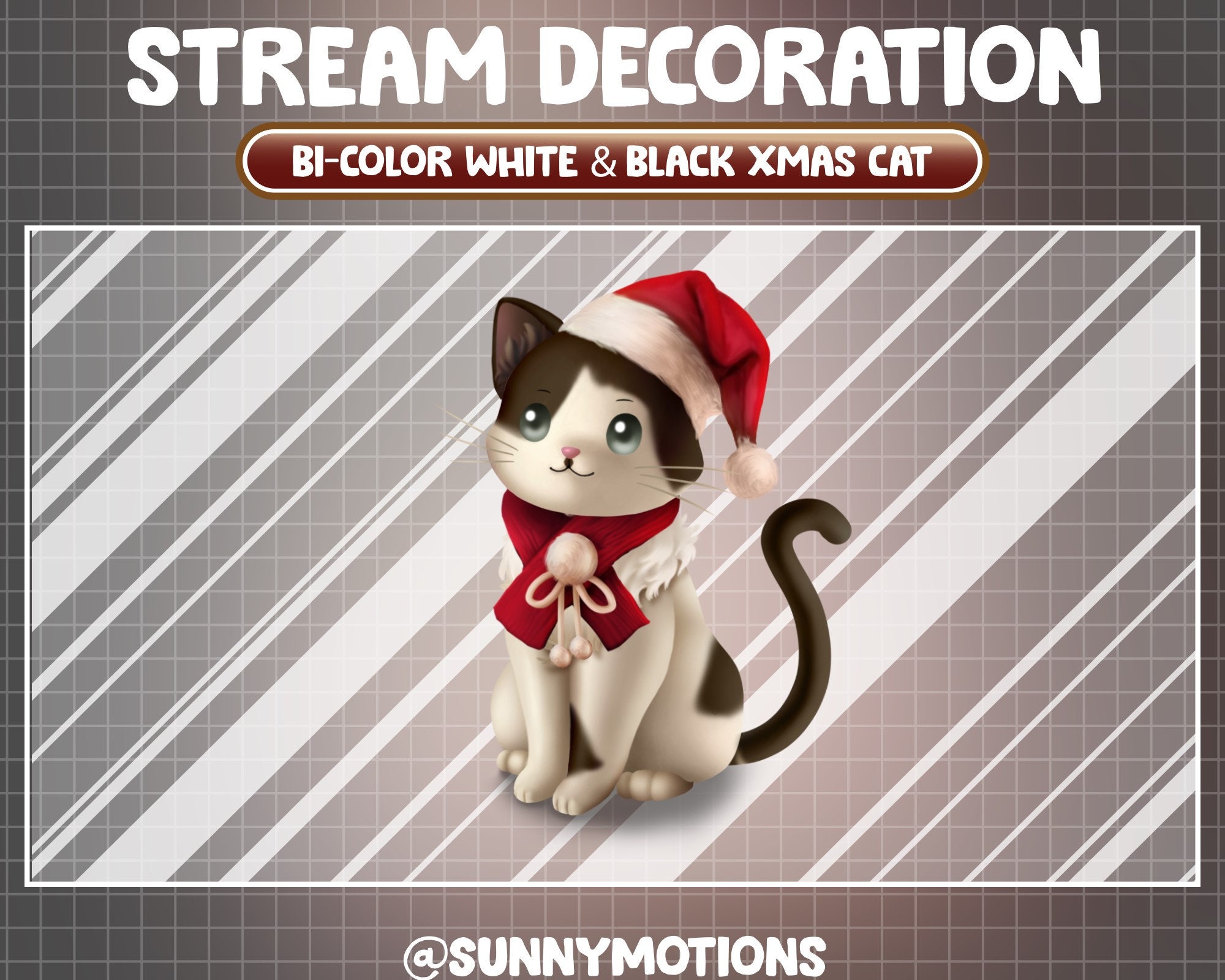 Animated Stream Decoration Animal Soft Plushy Toy / Lo-fi Aesthetic Bicolor White & Black Cat / Xmas Tabby Kitty / Christmas Twitch Overlay