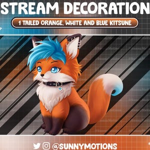 Decoración de transmisión animada: Kitsune naranja, blanco y azul de 1 cola, zorro vaquero marrón, zorro japonés de fuego primaveral, superposición de Twitch Vtuber-Asset