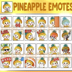 35 Cute Chibi Kawaii Pineapple Twitch Discord Mixer Youtube Emotes / Fruit Emoji / Subscriber / Orange Yellow Fruit Loyalty Sub Bit Badges
