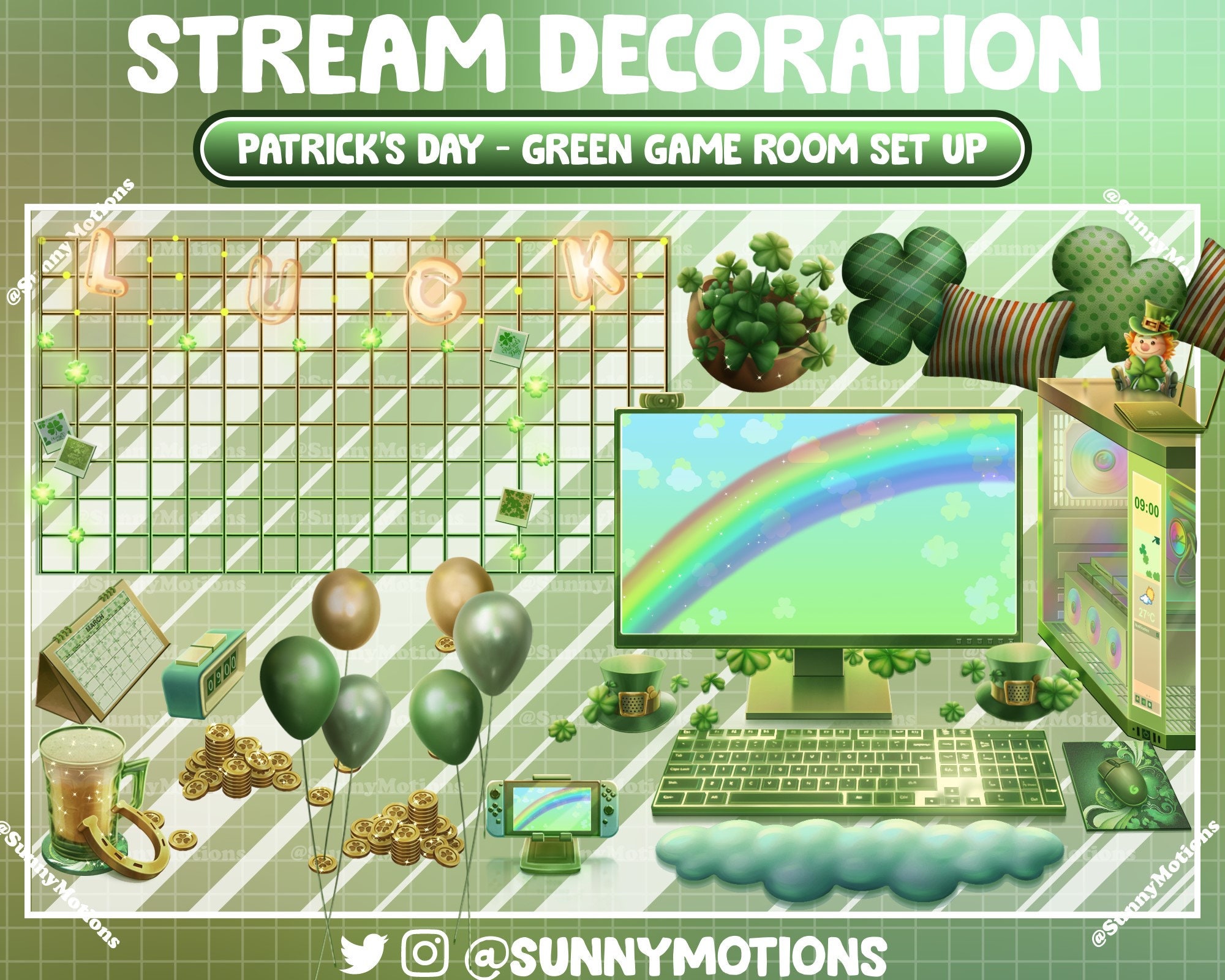 30 Animated Stream Decoration: Aesthetic St Patrick's Day Green Game ...