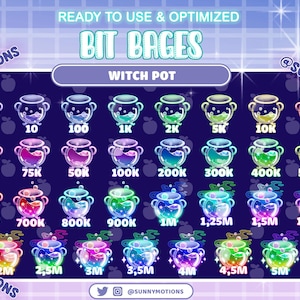 May include: A set of 20 colorful witch cauldron bit badges, with a gradient of colors and numbers from 1 to 5 million. The badges are ready to use and optimized for Twitch.