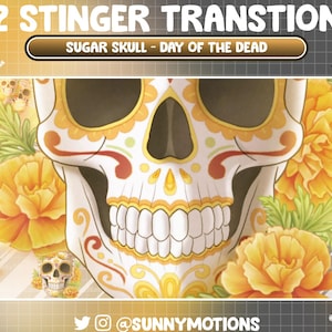 Transición de aguijón de escena de corriente de calavera de azúcar de Halloween, noche espeluznante de Víspera de las Reliquias, superposición simple de flor de caléndula naranja amarilla del Día de los Muertos