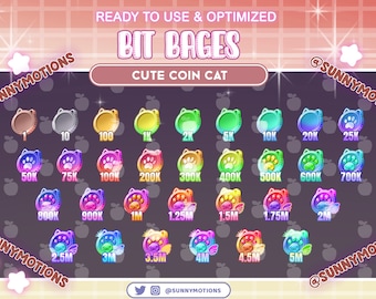 31x Colorful Neon Cat Paw Coin Number Twitch Bit Badges, Rainbow Cat, King, Angle Wing Sub Badges, Kawaii Bit Donation Badge For Streamers