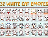 32x Twitch Discord Emotes White Cat / Kitty / Cats / Stream Emotes Pack / Streamers / Kawai Emoji / Cute Chibi Kitten Emote White Bundle