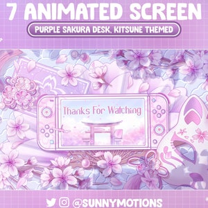 Superposition d&#39;écran Twitch de bureau Sakura violet animé, kitsune, éventails pliants japonais, scène de ruisseau de fleurs de cerisier printanier, fond Vtuber